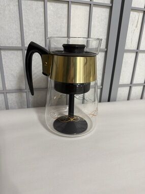 Vintage MCM Gold Accent Glass Coffee Pot Percolator with Black Handle
